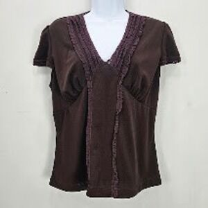 Vintage Y2K Babydoll Top L Brown Cap Sleeve Lace Trim Whimsigoth Grunge 90s